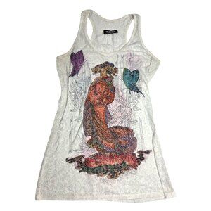 Vtg Y2K Geisha Inspired Rhinestone Embellished Racerback Tank Top Indie Sleaze